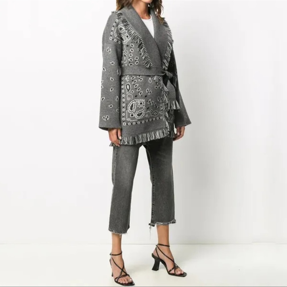 Stylish Gray Fringe Belted Sweater